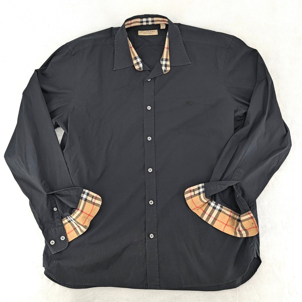 Burberry London Button Down Shirt Nova Check Trim Black XXL